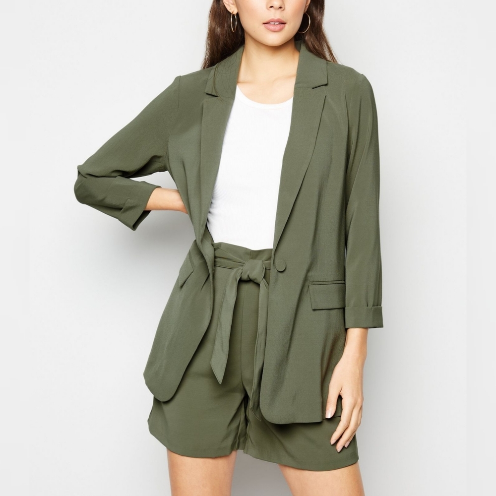 NWT Khaki Crepe Long Blazer